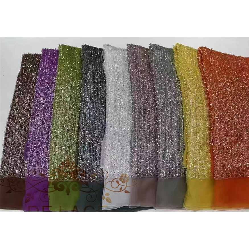 

JY Luxury Heavy Beaded Lace Multi-color Shining Sequins Fabric Wedding Dress Striped Beaded Lace Fabric