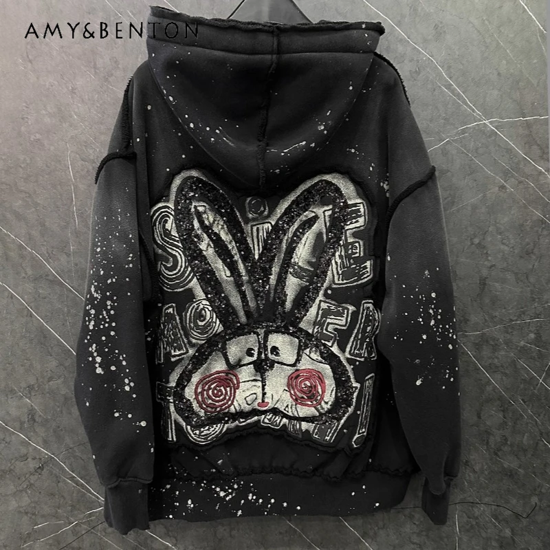 Design Sense Heavy Industry Sequin Printing Cartoon Rabbit Fleece Cardigan Hooded Sweatshirt Women\'s Loose Fashion Versatile Top