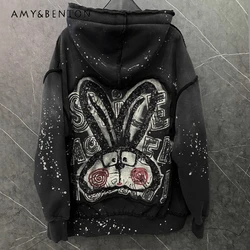 Design Sense Heavy Industry Sequin Printing Cartoon Rabbit Fleece Cardigan Hooded Sweatshirt Women's Loose Fashion Versatile Top