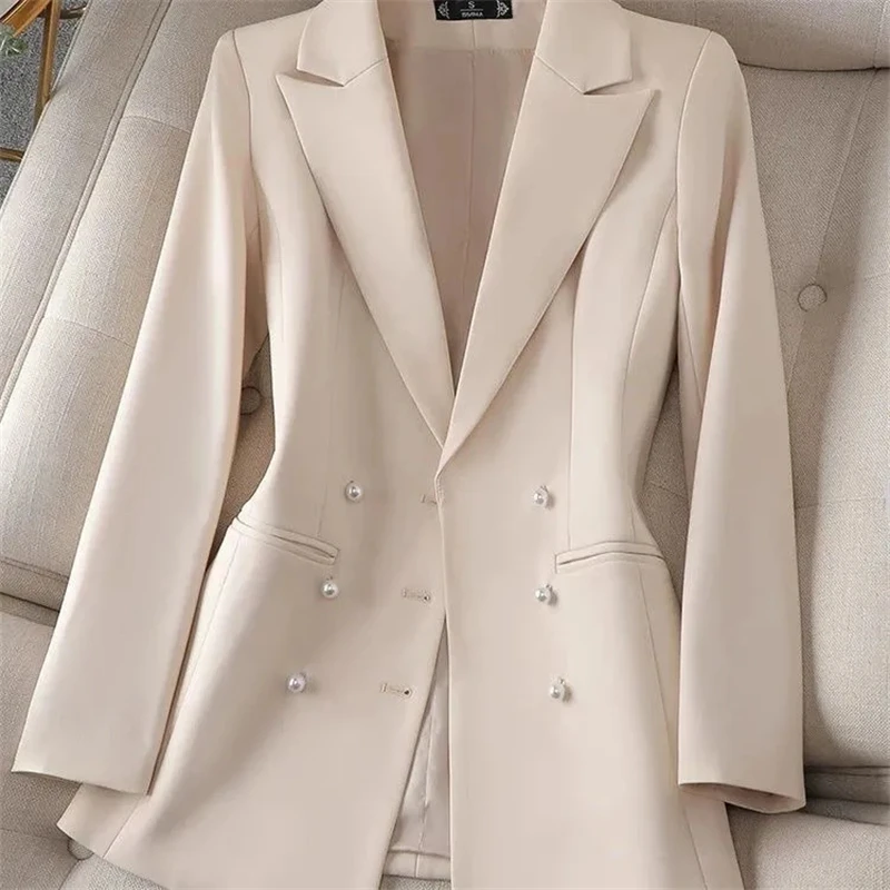 Blazer de manga comprida feminino, jaqueta tripla, monocromática, rosa, preto, bege, moda de escritório, 2024