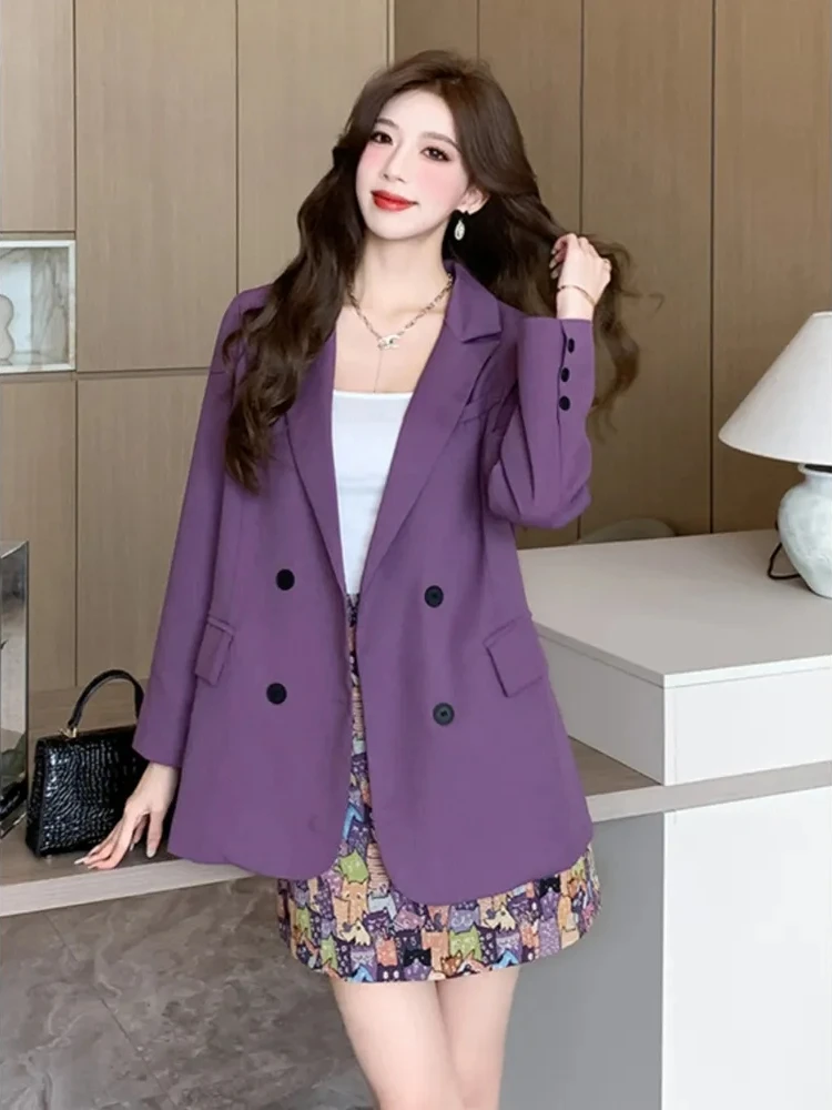 Fashion Women Sets Spring Summer High-end Blazer Jacket Printed Skirt Two-piece Suit Ladies Casual Temperament Purple Suit Coat