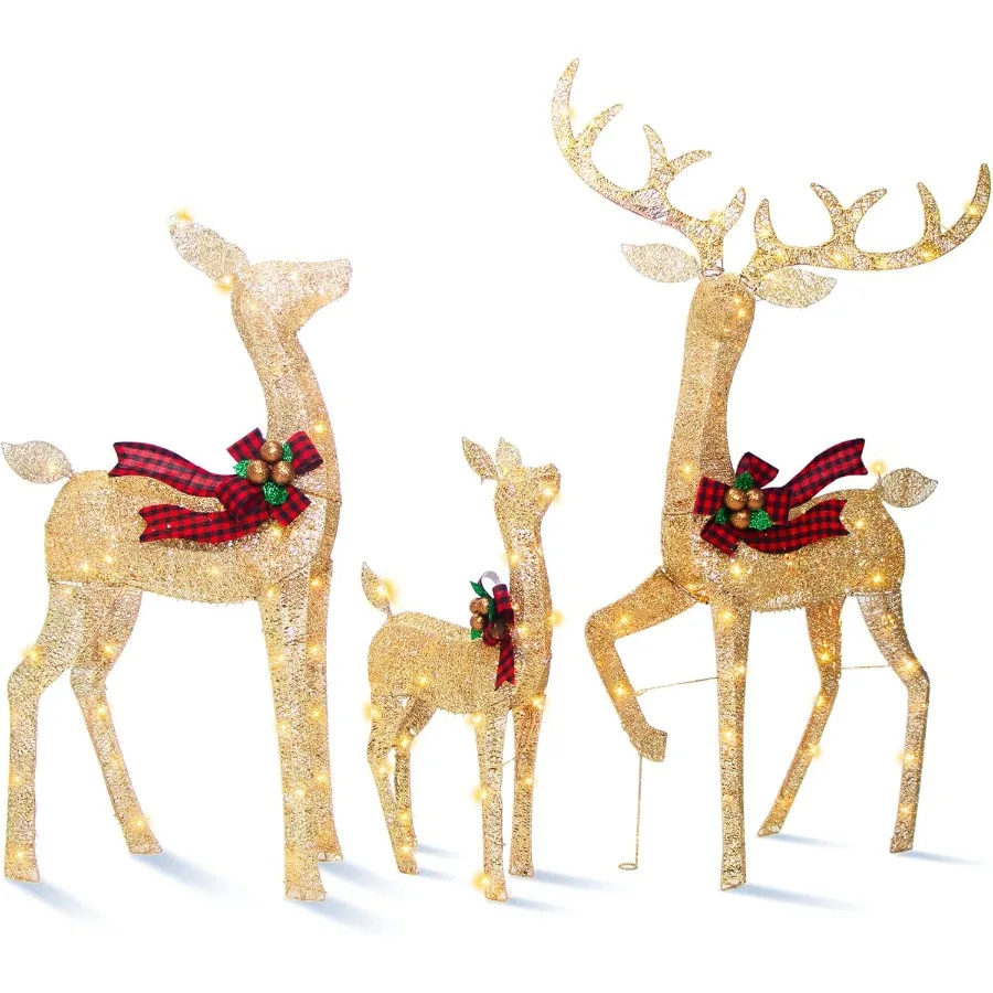Conjunto de decoração de Natal ao ar livre para família de renas iluminadas de 3 peças com 210 luzes LED para decorações de férias de quintal 58''H animado