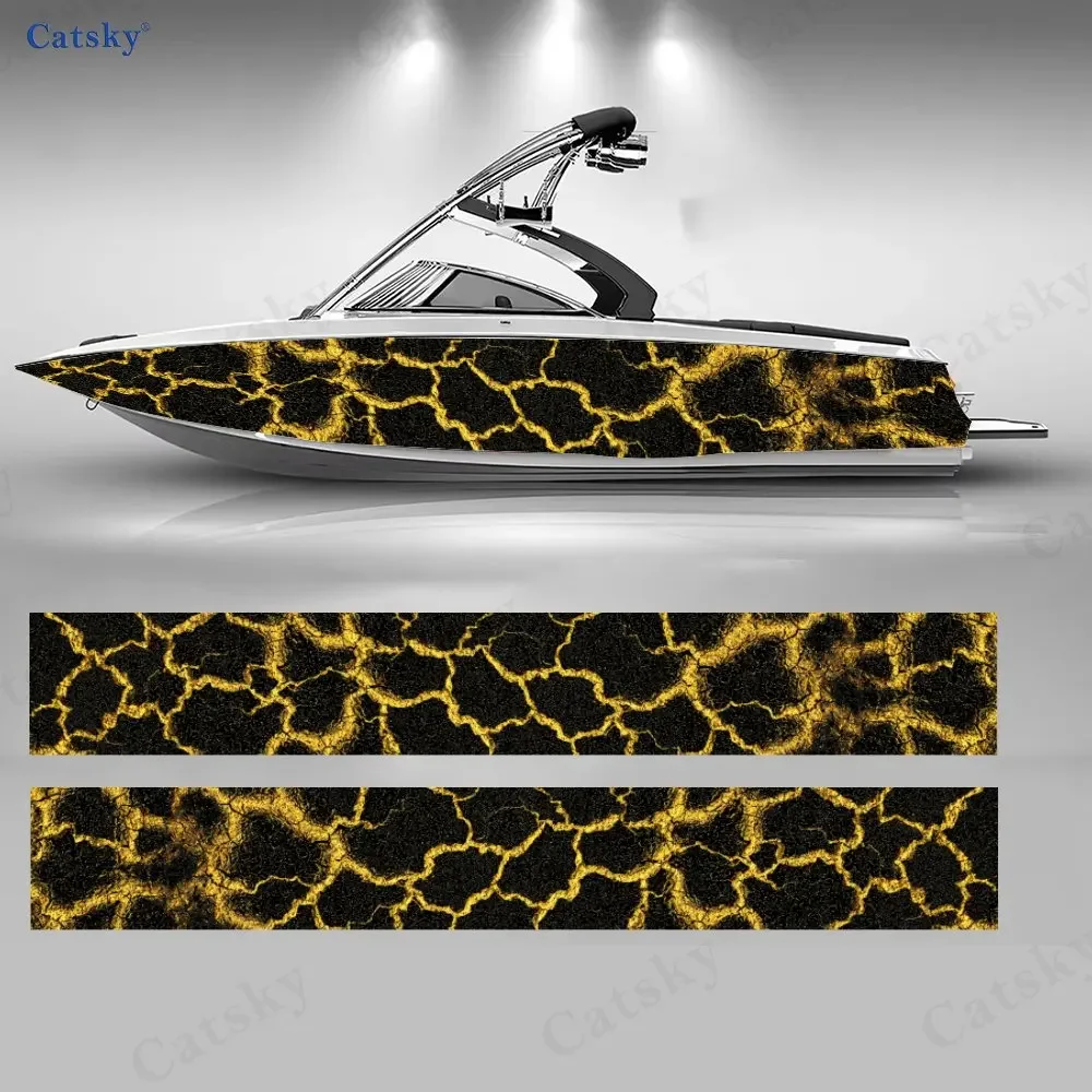 2Pcs Black & Gold Crackle Pattern Boat Stickers, PVC Waterproof Durable Vinyl Wrap Decals for Fishing Boats, Durable Design