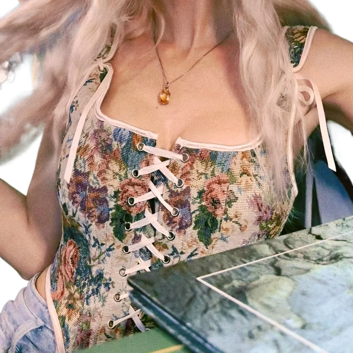 

Tie Up Renaissance Floral gothic Corset Women Bandage Overbust Crop Sleeveless Vintage Oil Painting Print Sexy Casual Tank Top