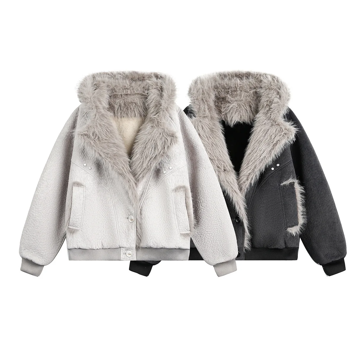 MWJLPWQ العصرية 2025 جديد الشتاء الفراء طوق الصوف سترة جلدية الرجال المتخصصة واحدة الصدر الملمس تصميم معطف القطن 21744 #5