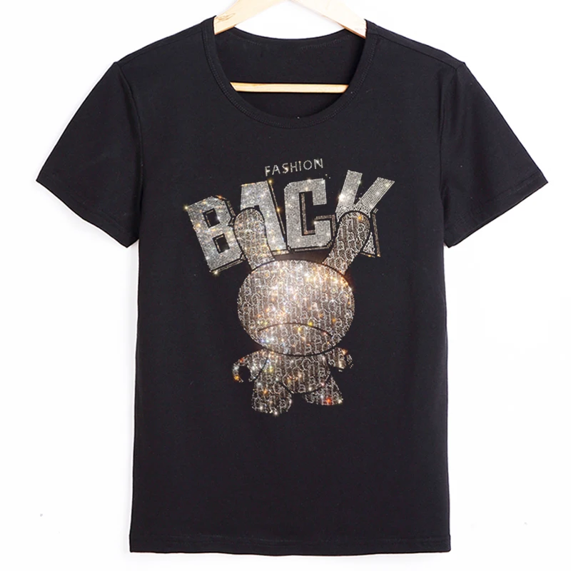 New 2024 ropa de mujer Cartoon Rhinestones Short Sleeves Basic Tops Bear Printing Tshirts