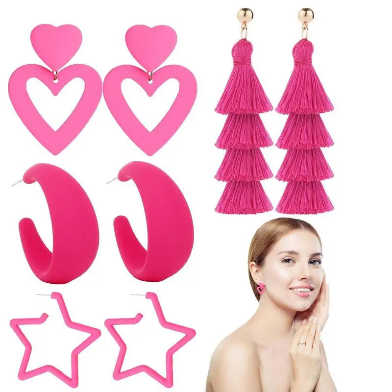 Hot Pink Earrings 4 Pairs Dangle Geometric Earrings Chic Lightweight Pink Earrings Drop Tassel Earring Costume Accessory Girls