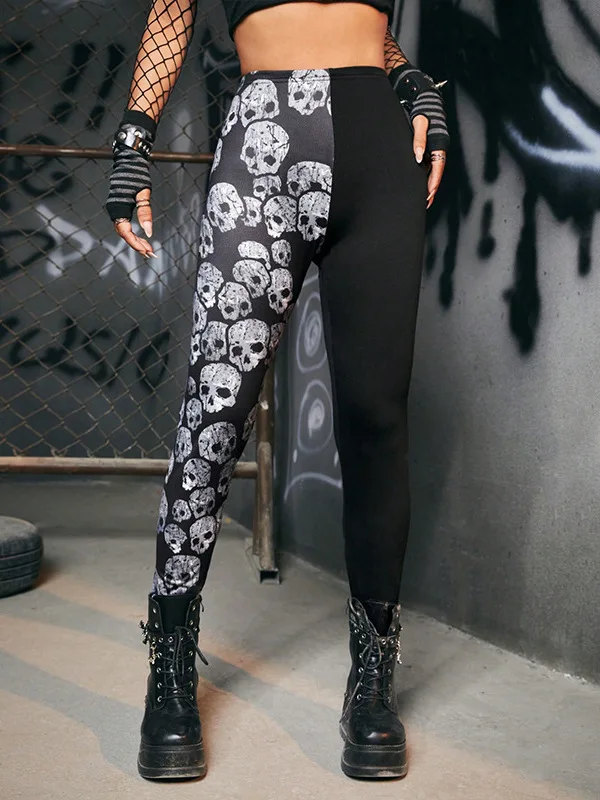 High Elasticity Skeleton Print Trousers Casual High Waist Nine Points Pants Women's Base Layer Pants Yin Yang Legs Trendy Sporty