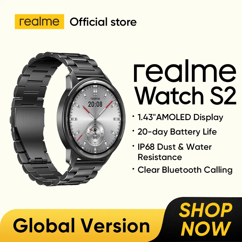 realme Watch S2 스마트 워치 글로벌 버전, AMOLED 디스플레이, 스포츠 및 건강 모니터링, 20 일 배터리 수명, 블루투스 통화, 1.43 인치