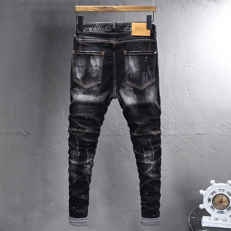 Italian fashion new men's jeans stretch slim fit retro black jeans painted designer patchwork jeans hombre