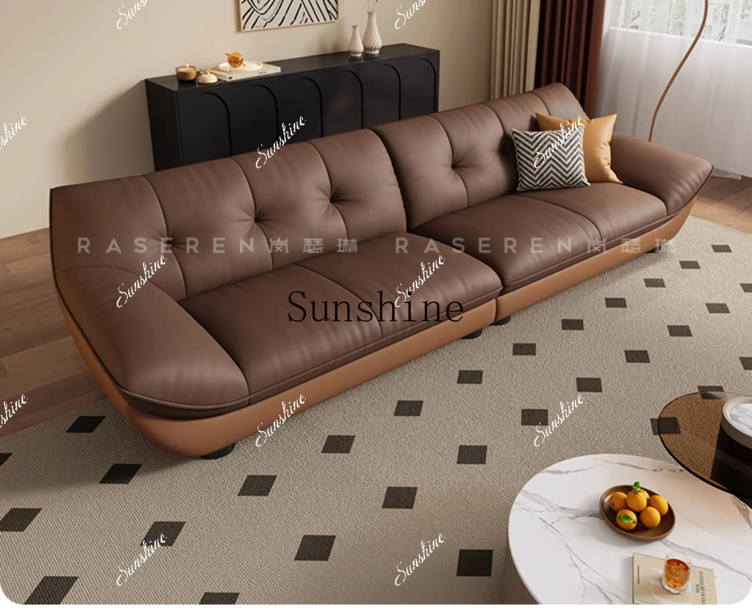 

Italian leather sofa Living room simple modern small apartment inline splicing color cream styleP