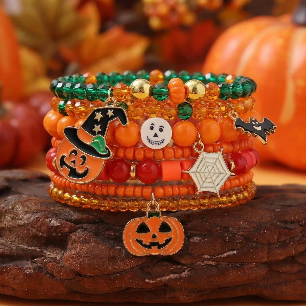 Halloween Multilayer Beaded Stackable Bracelets Set, Gothic Charm
