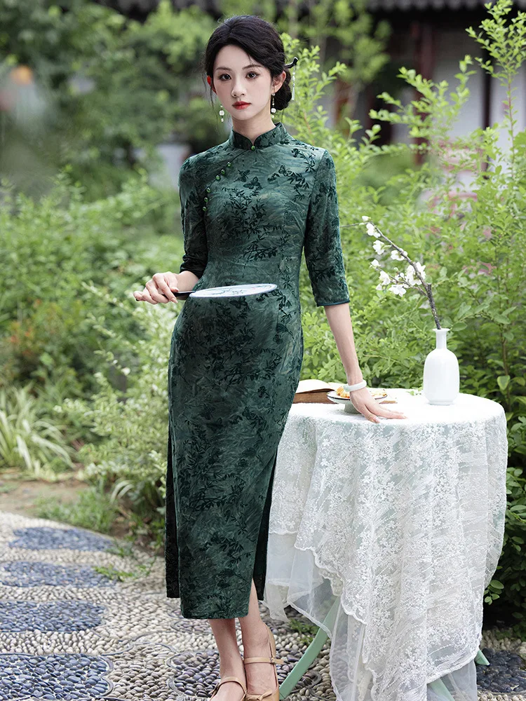 

Осеннее синельное длинное Cheongsam, традиционное китайское вечернее платье Ципао с рукавом три четверти для женщин