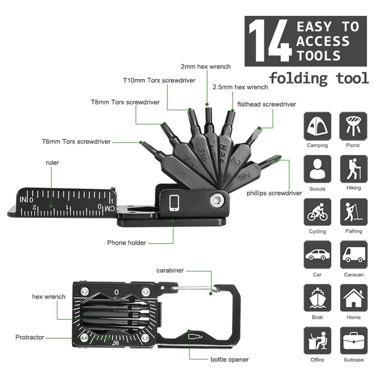 ABNJ Outdoor Portable Screwdriver Set with Vehicle Maintenance Tools Multi-Function Folding Tool Measuring Device