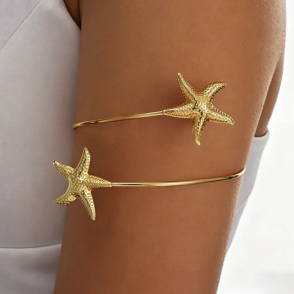 Summer Fashiona Exaggerated Vacation Style Metal Starfish Arm Cuff Beach Marine Life Adjustable Open Bangle Party Jewelry Gift