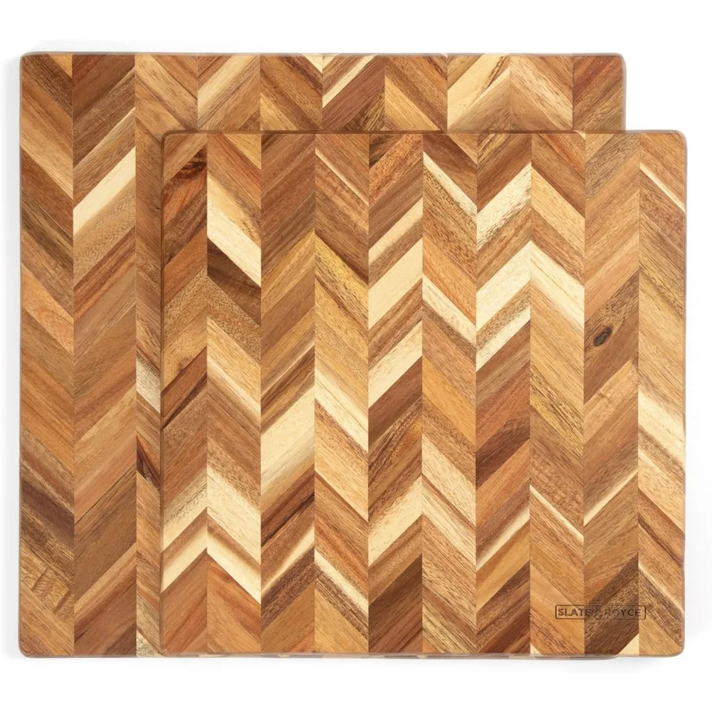 

Acacia Wood Herringbone Cutting Board Duo - Gift Boxed Kitchen Boards for Large and Small Cutting Needs