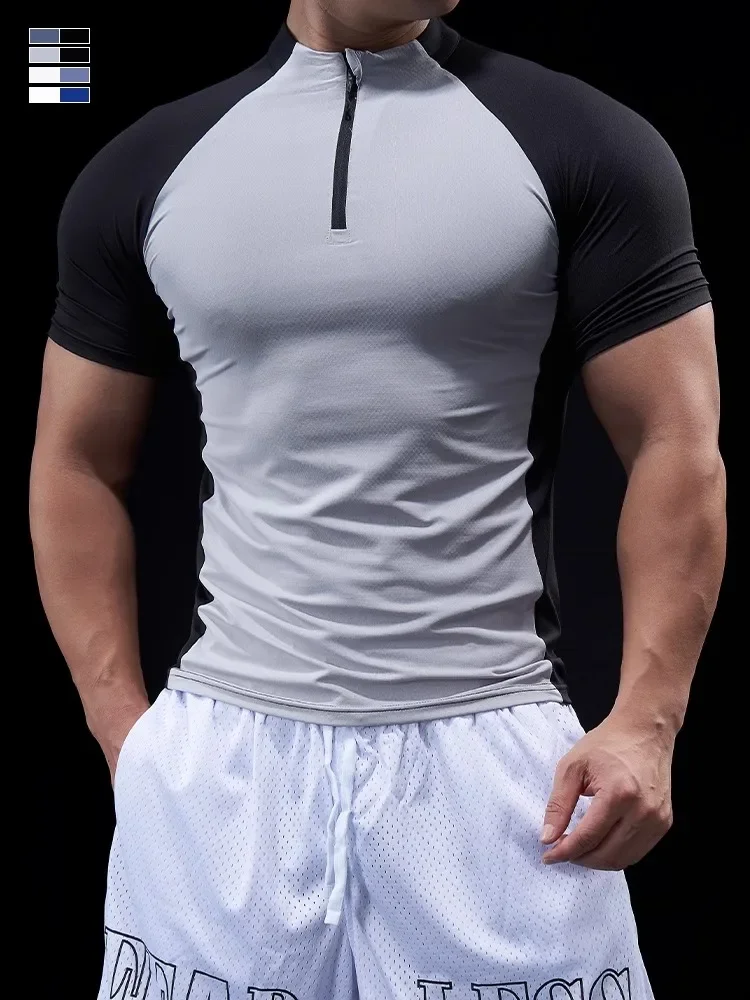 

Men Summer Gym Fitness Tights Outdoor Sports Leisure Stand-up Collar T-shirt Top Short-sleeved Quick-drying Running High Elastic