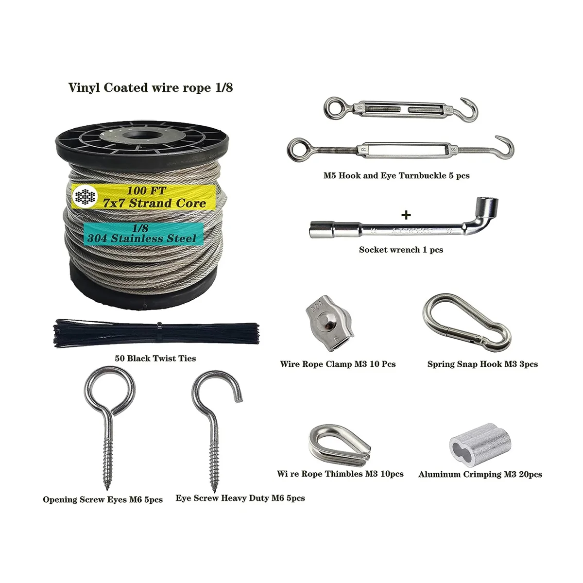 1/8Inch Stainless Steel Cable,Heavy Duty Turnbuckle Wire Tensioner Kit 100Ft Cable for Outdoor String Lights Hanging