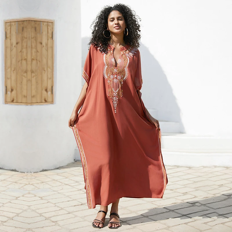 Summer Beach Maxi Dress Women Plus Size Cotton Embroidery Vacation Loose Cover Up Swimsuit Outfit Bikini Wrap