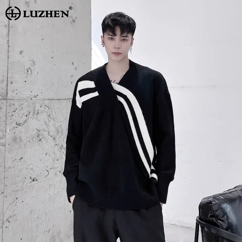 

LUZHEN Color Contrast Design Stripe V Neck Loose Knitted Pullover Men's Fashion Elegant Handsome Casual Sweater Clothes JY4505