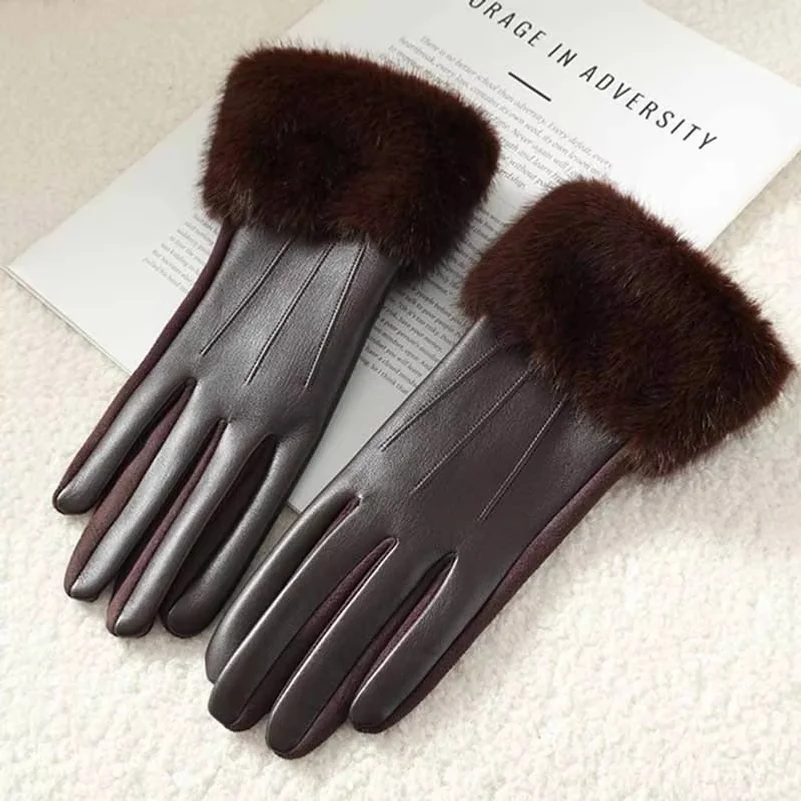 Winter Luxury Women's PU Leather Gloves Wrist Soft Faux Fur Trim Cuff Fashion Elegant Party Warm Touch Screen Drive Cycling