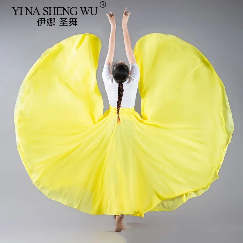 Spódnica szyfonowa z podwójnymi warstwami obracanymi o 720 stopni, spódnica do tańca ludowego chińskiego, spódnica do tańca brzucha, spódnica z wysokim stanem, spódnica do połowy ciała, spódnica do występów scenicznych