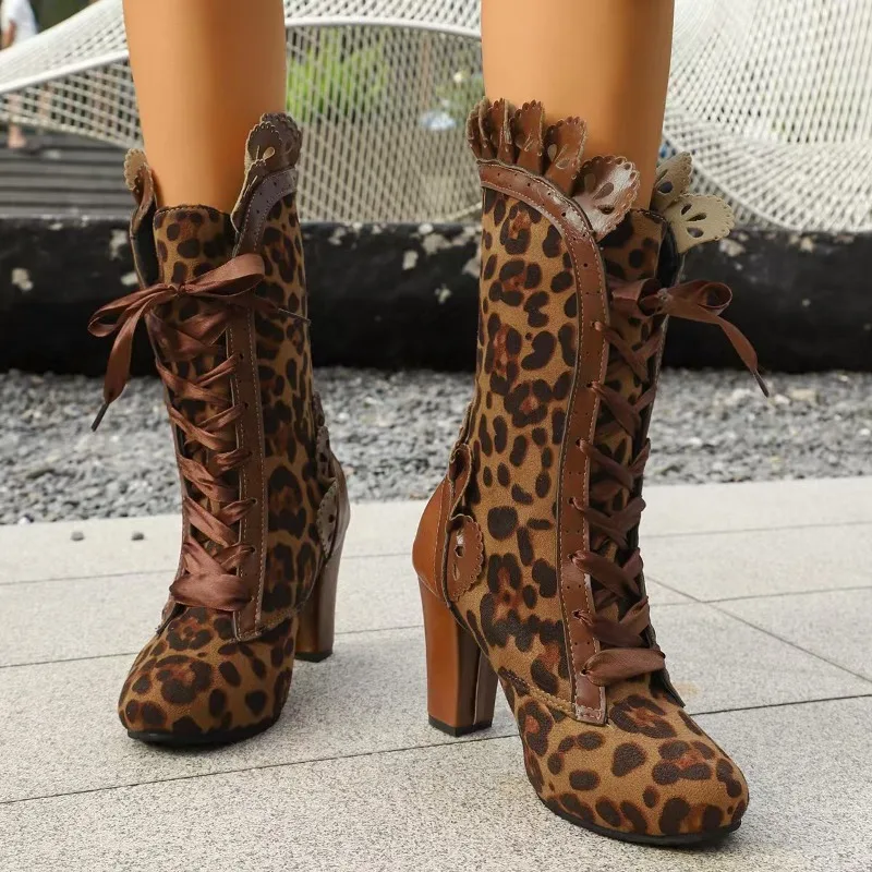 

Winter High-Heel Lace Boots Women Tube Material PU Leather Cat Pattern Leather Boots Fashionable Sharp Head Shape Velvet Boots