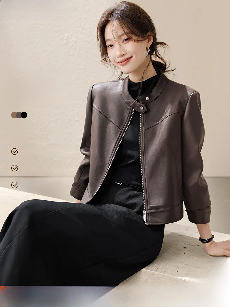Mehai Motorcycle Sle Long Sve Suede Jaet PU Leather Coat Autumn Faion Women's Clothing Commute Sle Straight Cut
