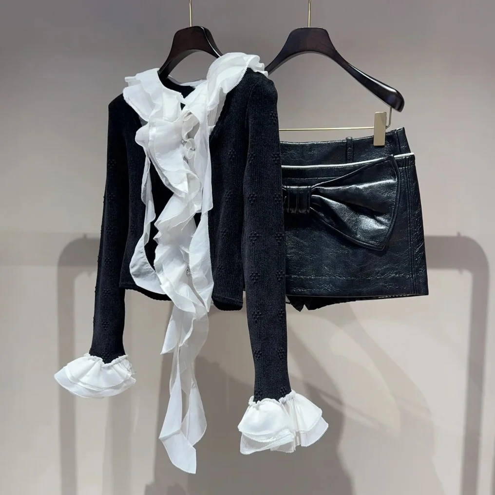 

Faionable Knitted Women's Top with Organza Sa Autumn 2025 High Waist ort Leather Skirt Set Sweet Sle Midi Dr
