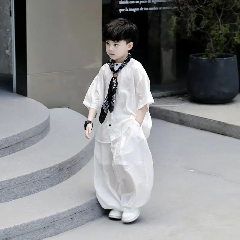 Image of Chinesischen Stil Teenager 2Pcs Set Ultradünne Kinder Junge Frühling Sommer T-shirt Top + Hose Casual Teen Jungen Kleidung kinder Kostüm