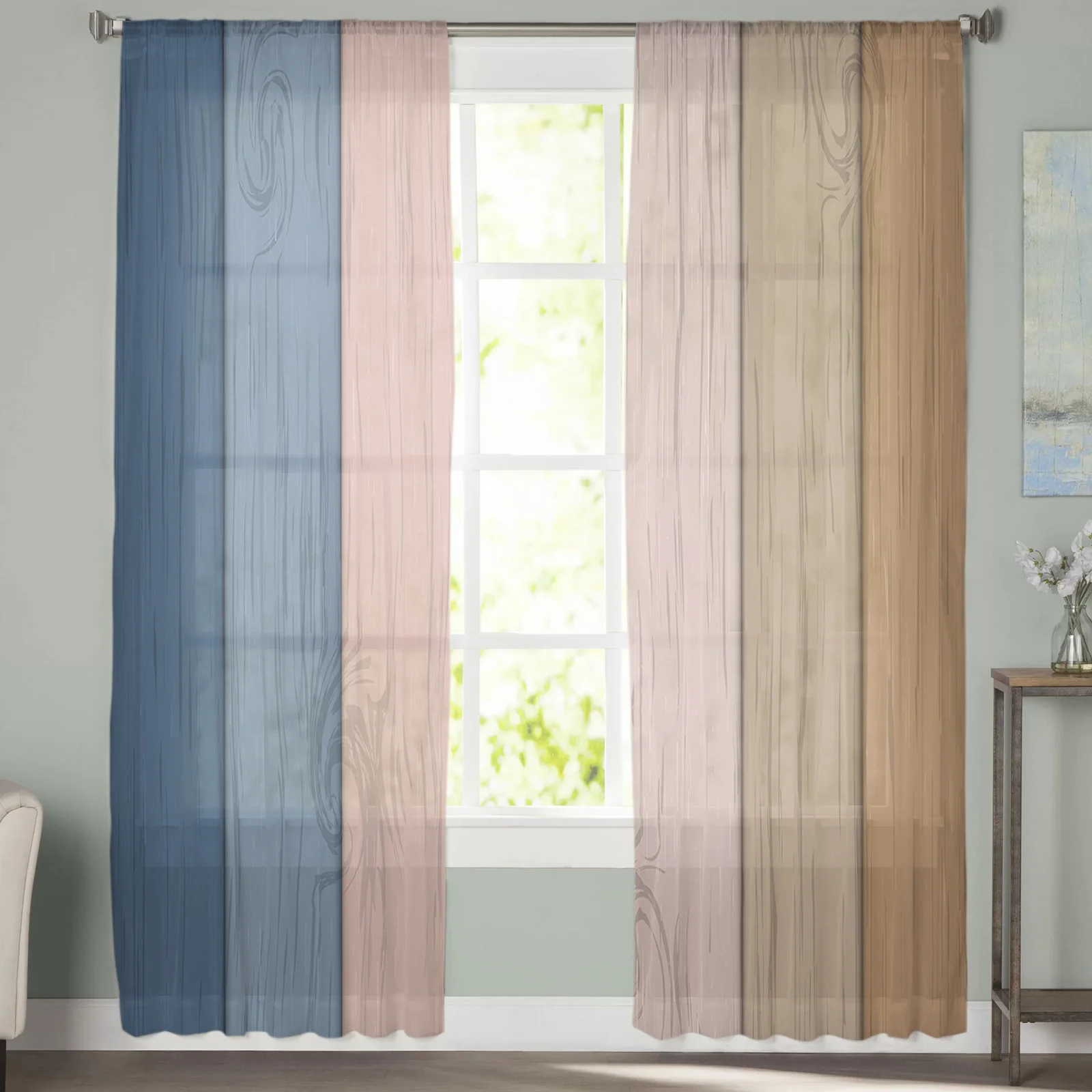 Vintage Blue Pink Gradual Wood Grain Country Farm Tulle Curtains for Living Room Chiffon Voile Sheer Window Curtain for Bedroom