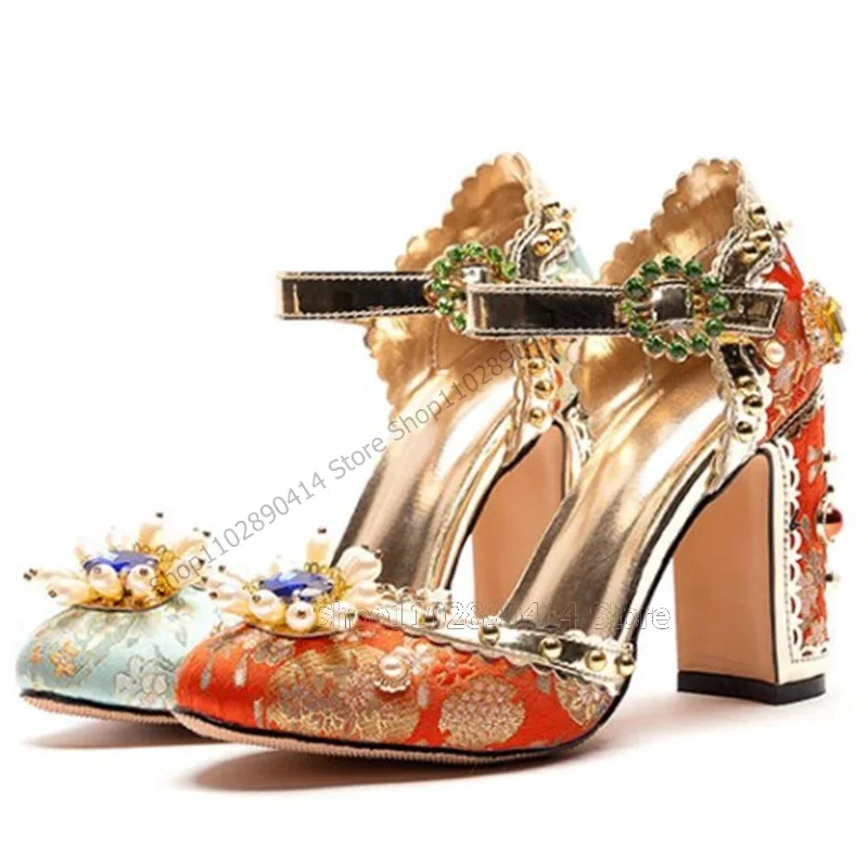 

Colorful Floral Bead Jewel Metal Decor Pumps Ankle Buckle Strap Women Shoes Chunky High Heels Banquet 2025 Zapatos Para Mujere