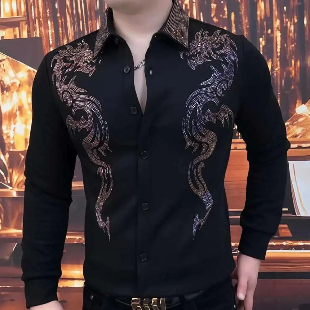 メンズブラックラインストーンアニマルシャツ,社交クラブウェア,ダイヤモンドプリント,クオリティ,秋