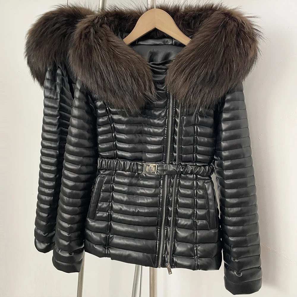 OFTBUY Damen Winter-Daunenjacke mit Echtem Pelzkragen, Gürtel, Langer Puffermantel mit Kapuze, Warme Modische Lässige Oberbekleidung – Detail 9