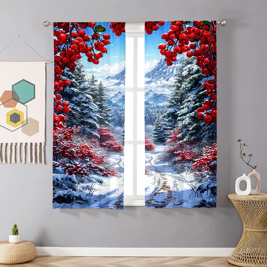 2PCS Christmas Winter Curtains, Red Berry Snow Mountain Forest, Digital Print, Bedroom Living Room, Home Decor Window Drapes