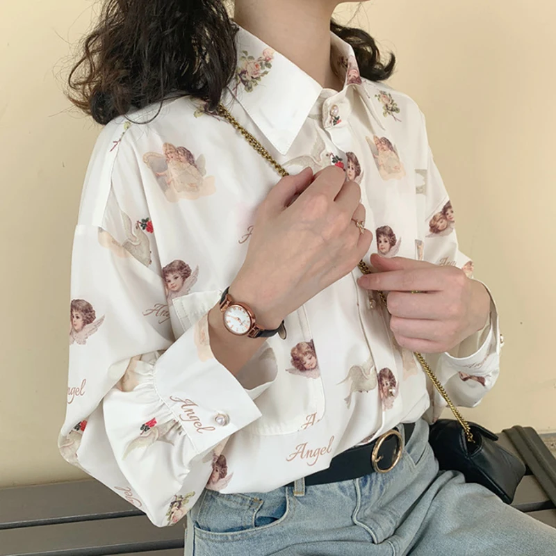 Angel Print Women Shirts Casual Turn Down Collar Lantern Sleeve Female Tunic 2023 New Autumn Womens Tops And Blouses