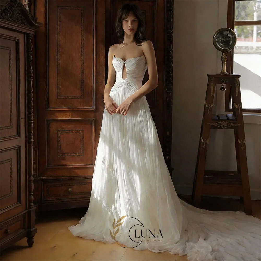 Luna Customized Strapless Hollowed-out Wedding Dresses 2026 Pleated Chic Bridal Party Gown Civil Wedding Prom Dresses for Bride