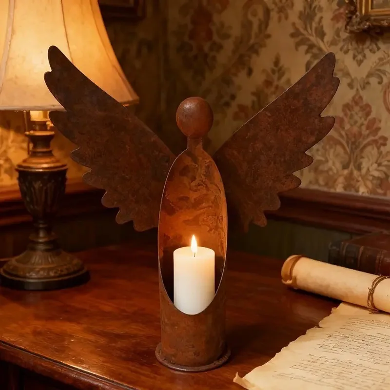 Hot-selling Rusted Angel Candle Holder Outdoor Garden Patio Decoration Creative Windproof Candle Holder