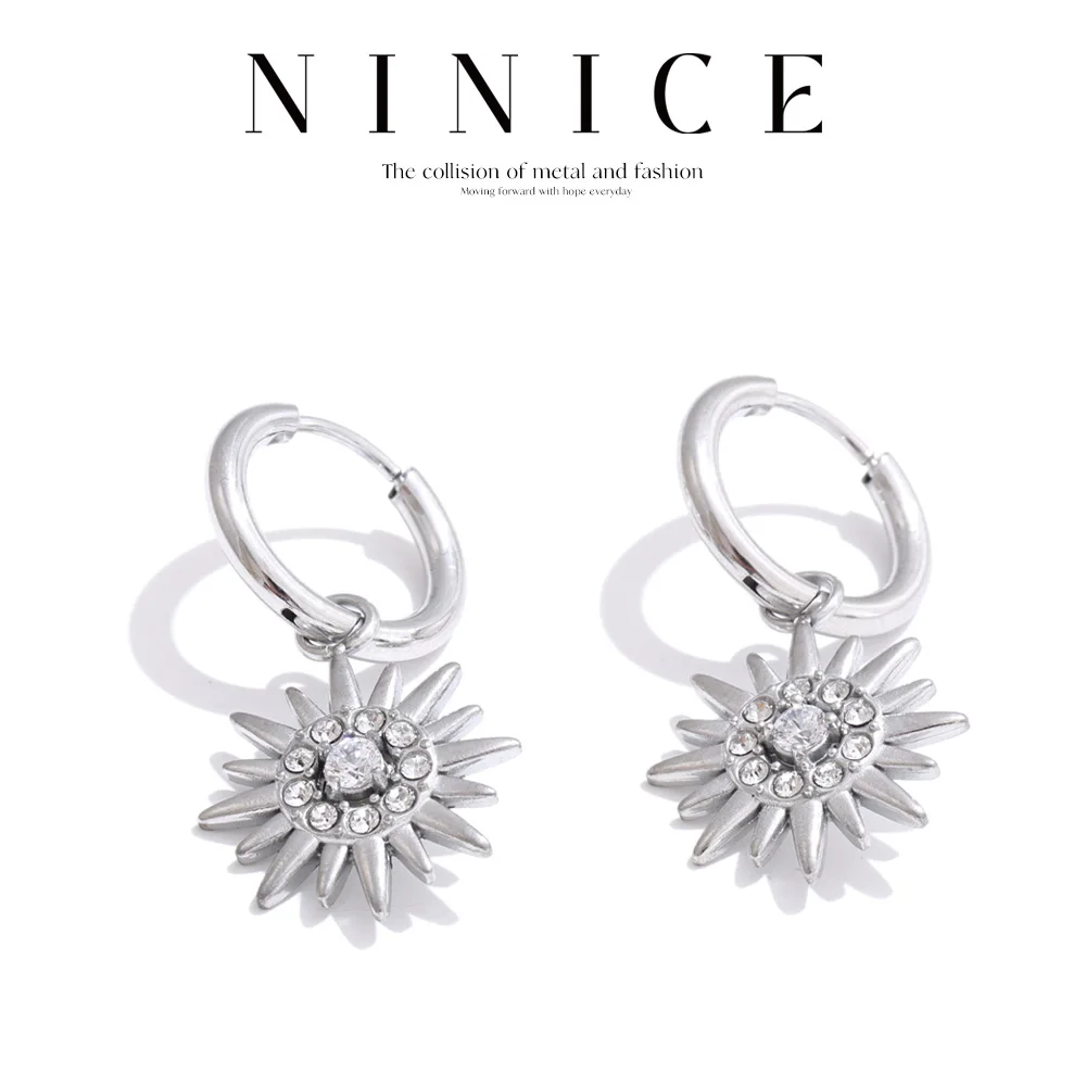 

NiNice Earrings Stainless Steel Cubic Zirconia Sun Shaped Pendant Exquisite Jewelry Decoration Gift New