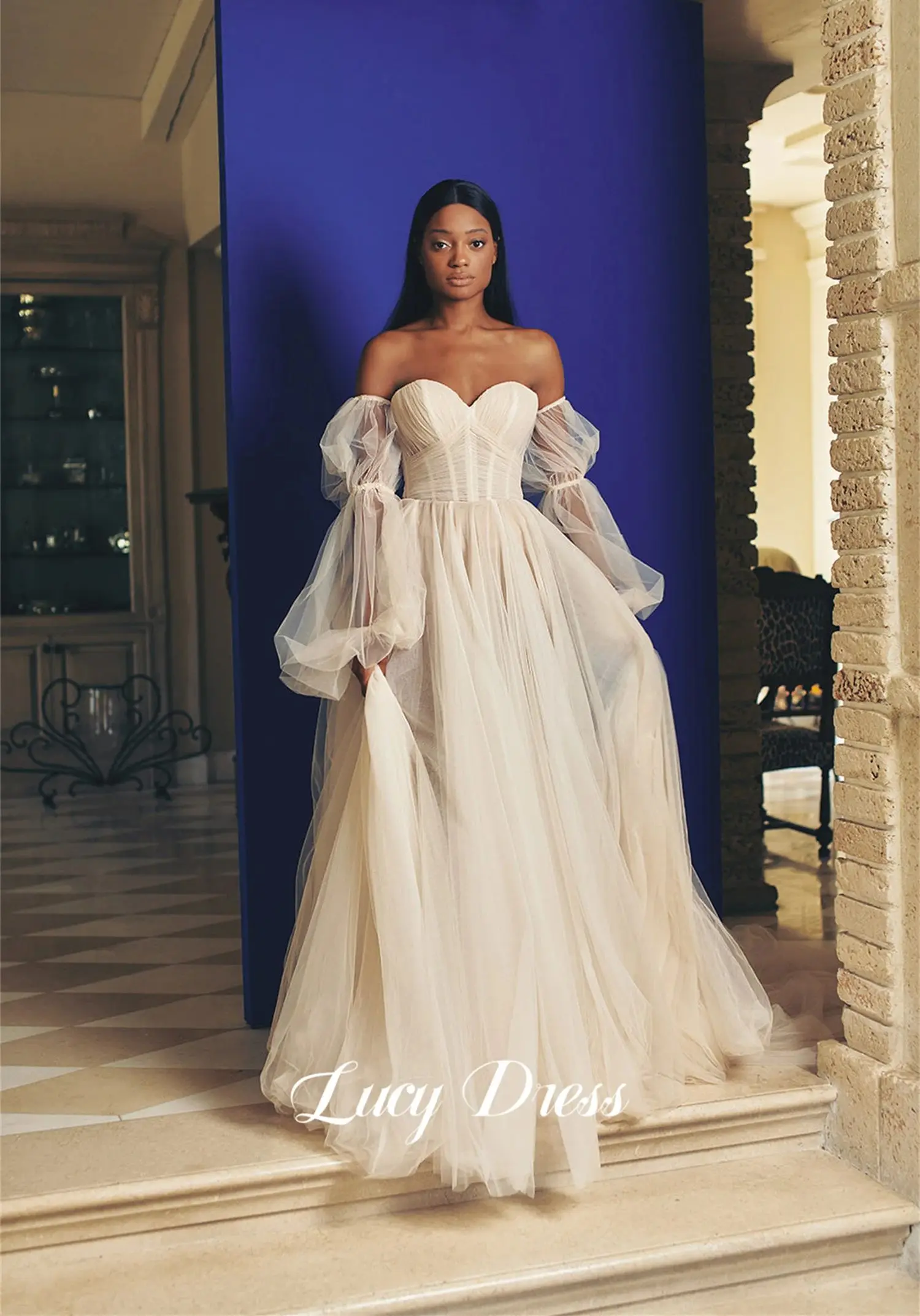 Vestido de novia Lucy con mangas abullonadas, vestidos de noche lujosos blancos para mujer, vestido de novia para bodas, novia de lujo personalizado