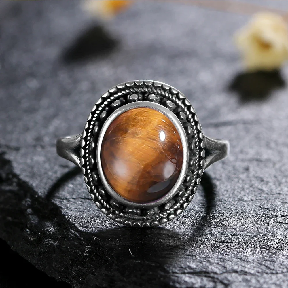 Natural Stone 925 Sterling Silver Ring Big Oval Tiger Eye  Stone Retro Engagement Wedding Party Gift for Men Women Jewelry