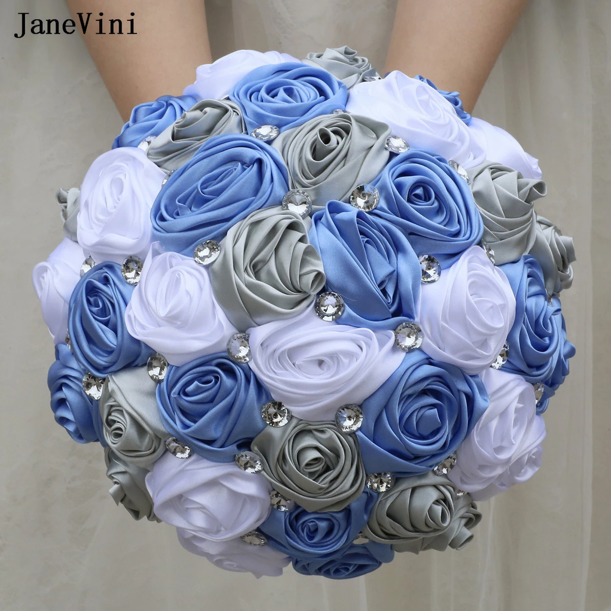 JaneVini 2026 Silver Blue Bridal Bouquets for Wedding Bling Crystals Artificial Satin Roses Korean Bride Holding Flowers Bouquet