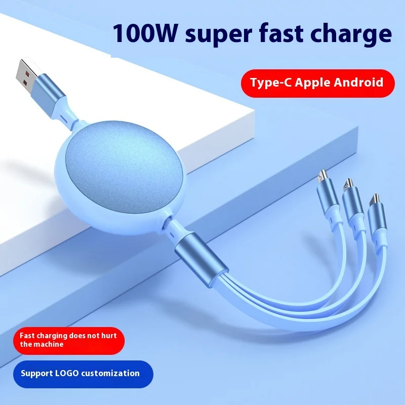

100w super fast charging telescopic one-to-three charging cable is suitable for Huawei Android Apple 6A three-in-one data cable