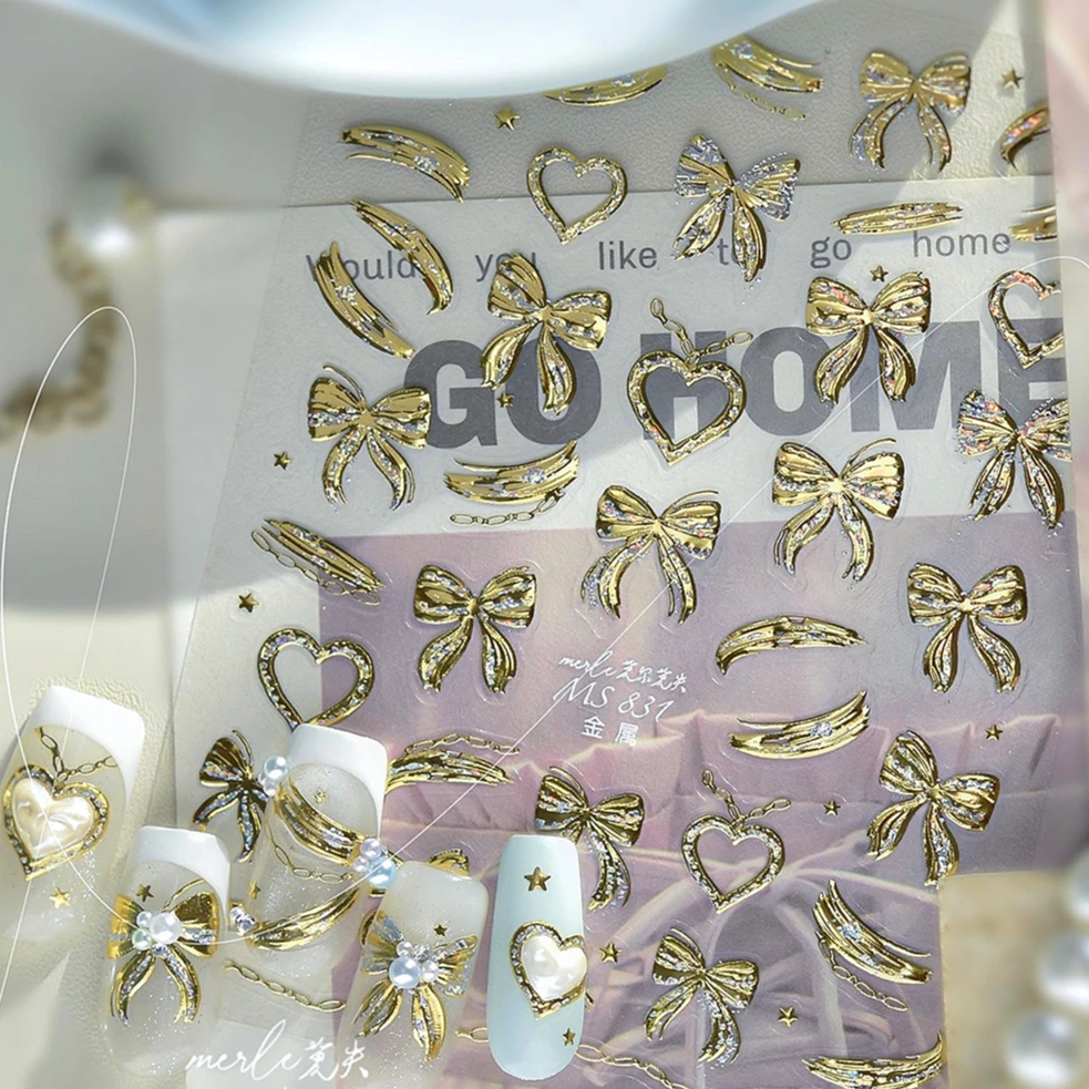 

Delicate Paint in Gold Bowknot Ribbon Jelly Streamer Line Heart Love Chic Sparkle Nail Art Stickers Manicure Decals Decorations