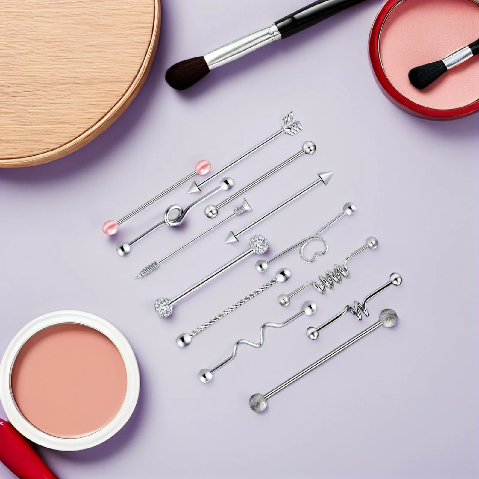 

13Pcs Barbell Puncture Buckle Rhinestone Stainless Steel Accessories Different Patterns Ideal for Women Men Silver Color