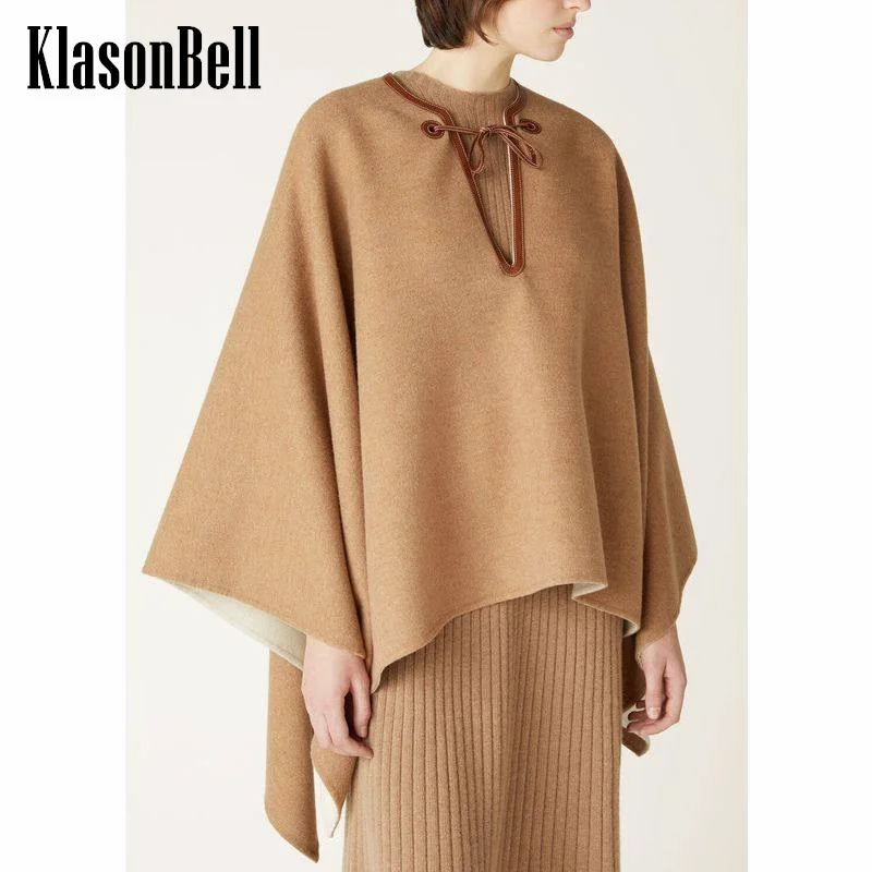 9.21 KlasonBell Women\'s Fashion Genuine Leather Lace-up Decoration Shawl Capes Elegant Keep Warm Cashmere Asymmetric Coat