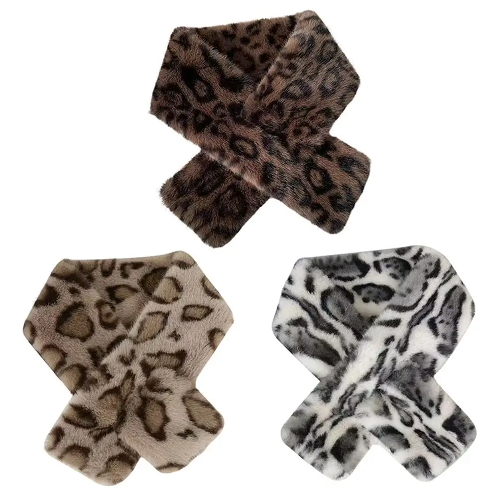 

Korean Style Thicken Warm Leopard Print Scarf Windproof Faux Rabbit Fur Faux Fur Scarf Soft Faux Collar Cross Scarf Neck Wrap