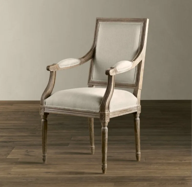 

Классическая мебель: французский деревенский стул в стиле ретро с подлокотниками из массива дерева, американский офисный стул с льняной обивкой.