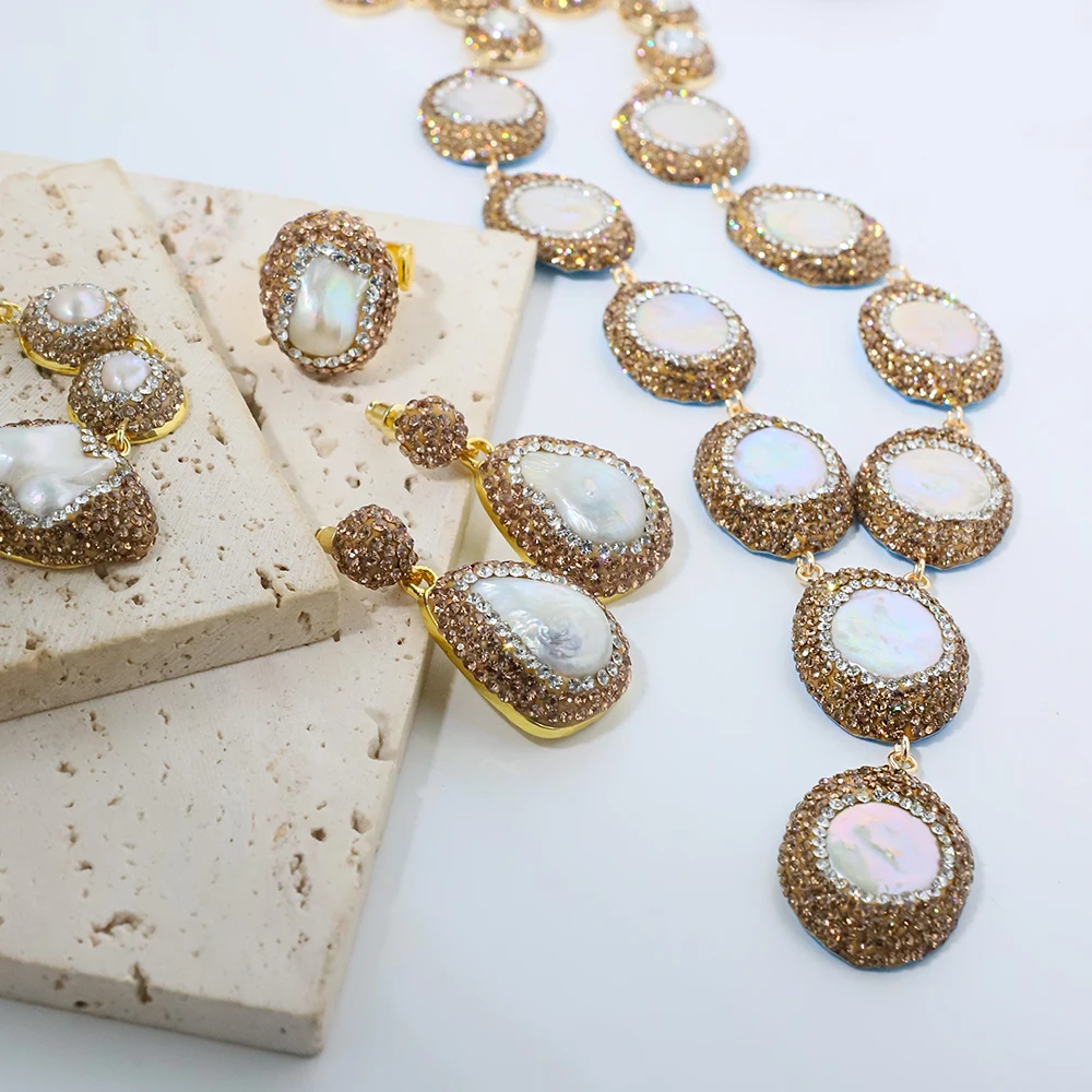 Natural Baroque Shaped Pearl Women 18K Gold Plated Jewelry Necklace Bracelet Earring Ring Fashion Designer Jewelry Sets