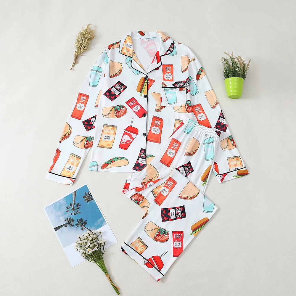 

2 шт., модный комплект домашней одежды с забавным принтом, повседневные удобные брюки с лацканами на пуговицах и длинными рукавами, одежда для дома, свободная женская пижама